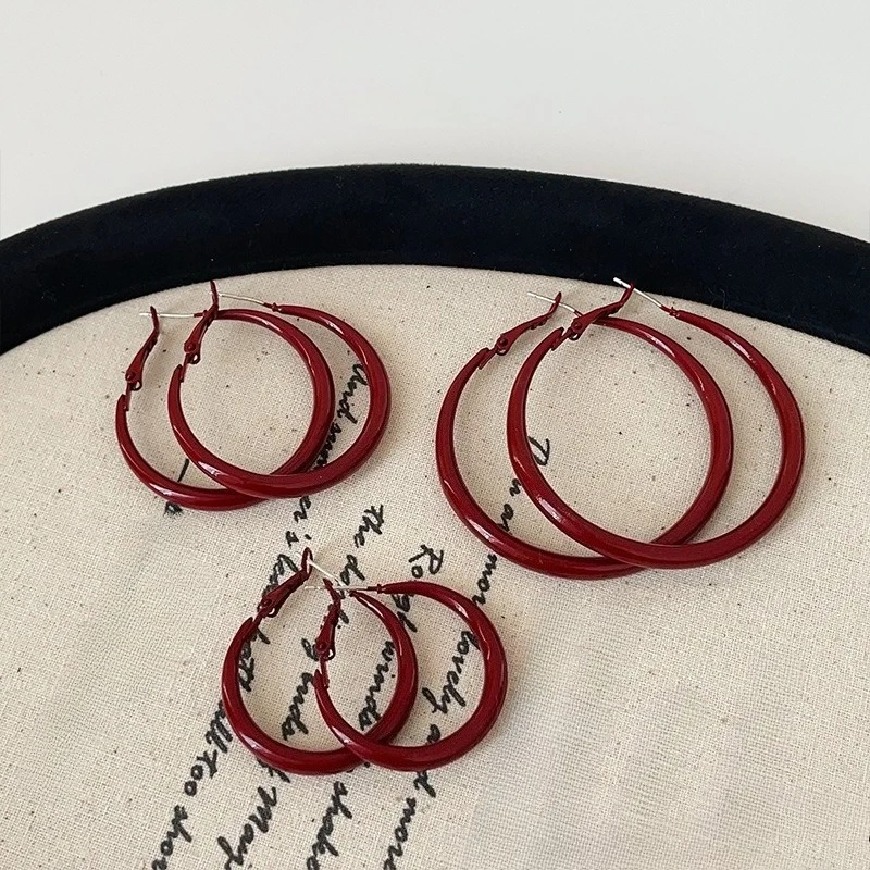 

Vintage Red Big Round Hoop Earrings for Women Trendy Simple 925 Silver Needle Hyperbole Geometric Circle Earrings Jewelry Gift