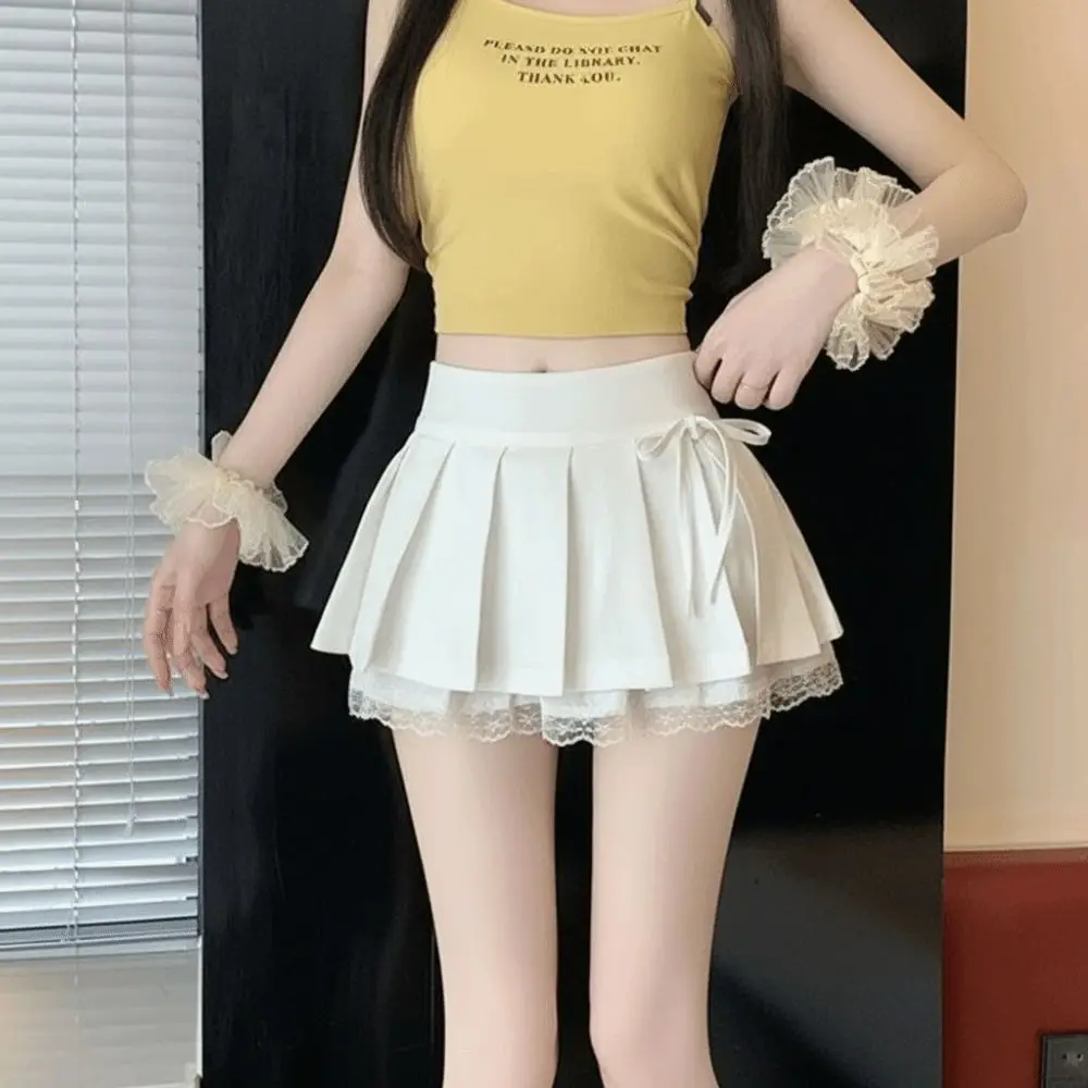 Lace Paneling Pleated A-Line Skirt Built-in Shorts Side Slit High Waist Skirt Plaid Mesh Stitching Polyester Lining