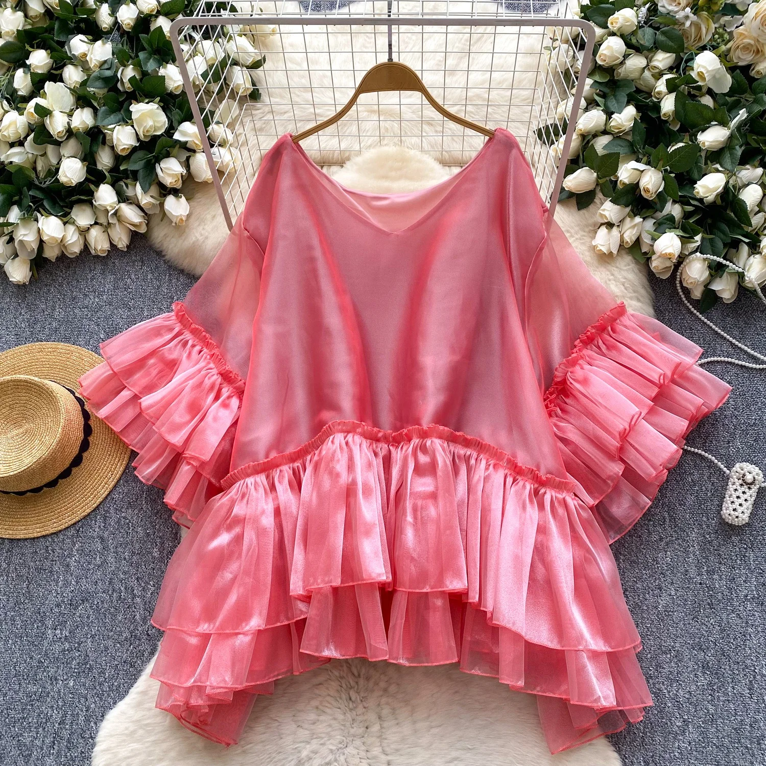 

Clothland Women Elegant Ruffled Oversized Blouse V Neck Flare Sleeve Loose Shirt Female Stylish Chic Tops Blusa Mujer LB304