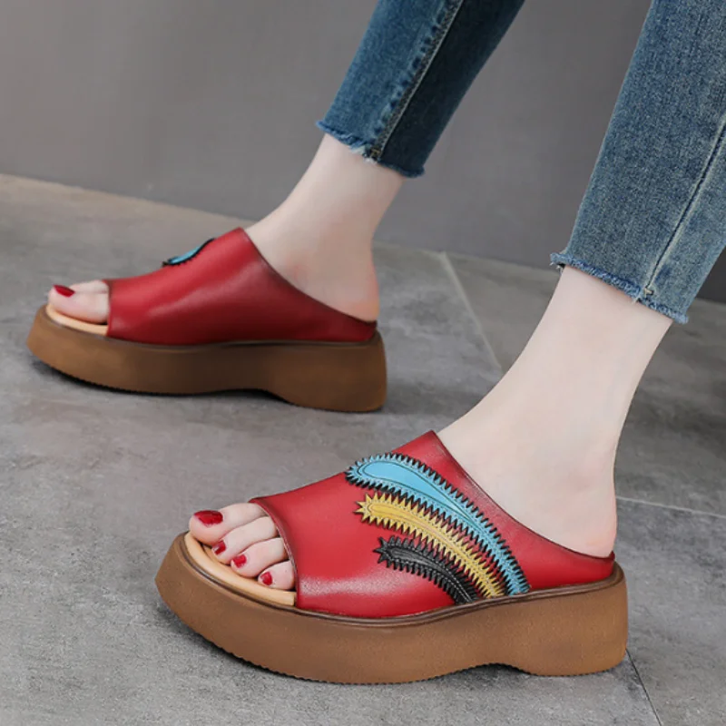 

ZXRYXGS Summer Spell Color Premium Cow Leather Fish Mouth Slippers Outside Shoes Thick Sole Wedges Slipper Women Shoes Tide 2025