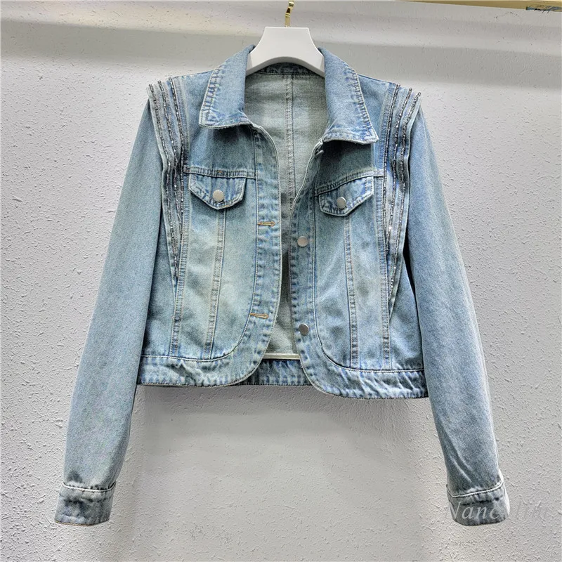 

European Steet Cropped Denim Coat Women's Beaded Top 2024 Spring New Design Short Blue Jean Jacket