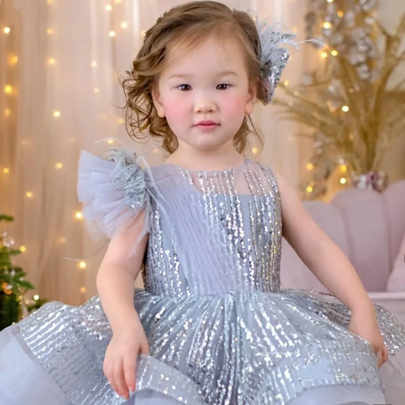 Lantejoulas vestido da menina de flor tule fofo bonito em camadas penas na altura do joelho para casamento aniversário pageant baile primeira comunhão vestidos