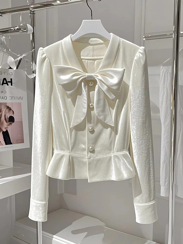 

Good quality,New,Spring,European,Clothes,Blouse,Women,Fashion,Sexy,V-neck,Button,Bowknot,Cardigan,Velvet,Tops,Long Sleeve,58023