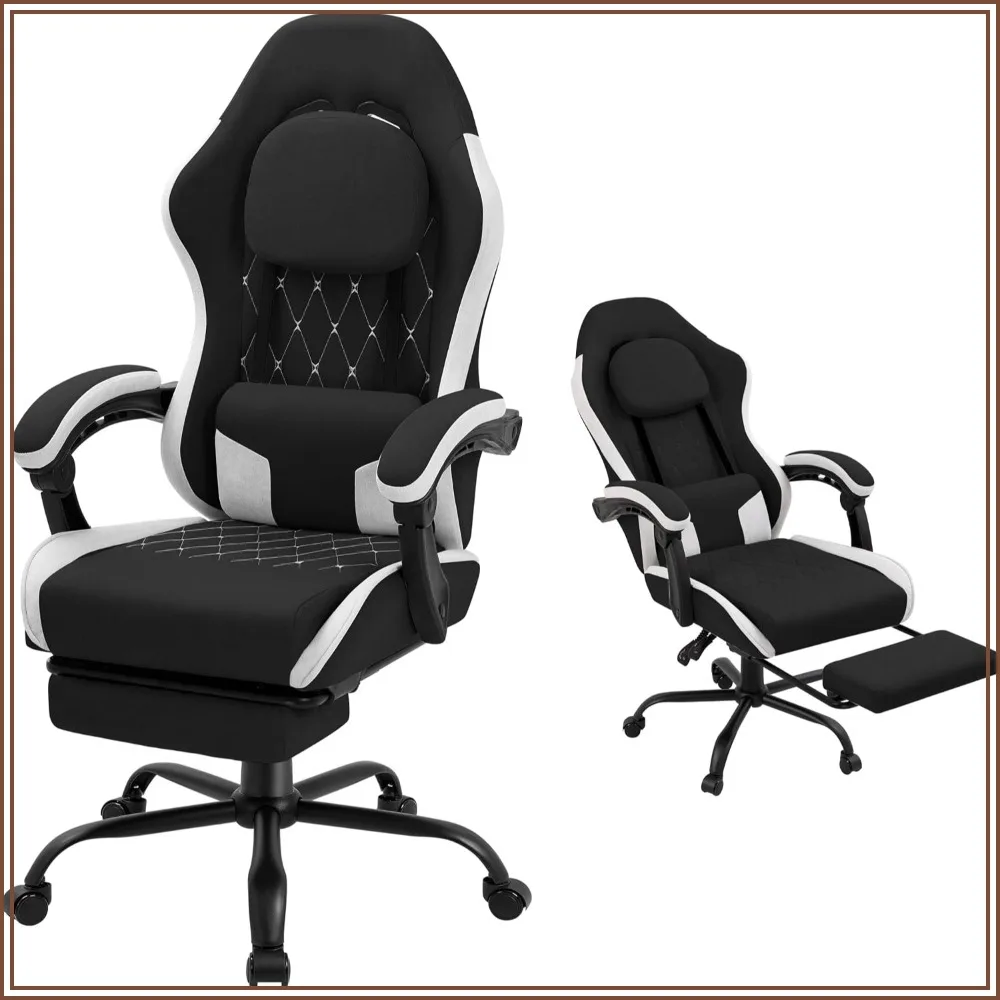 Fabric Gaming Chair Footrest, Pocket Spring Cushion, Ergonomic Lumbar Support, Reclining High Back