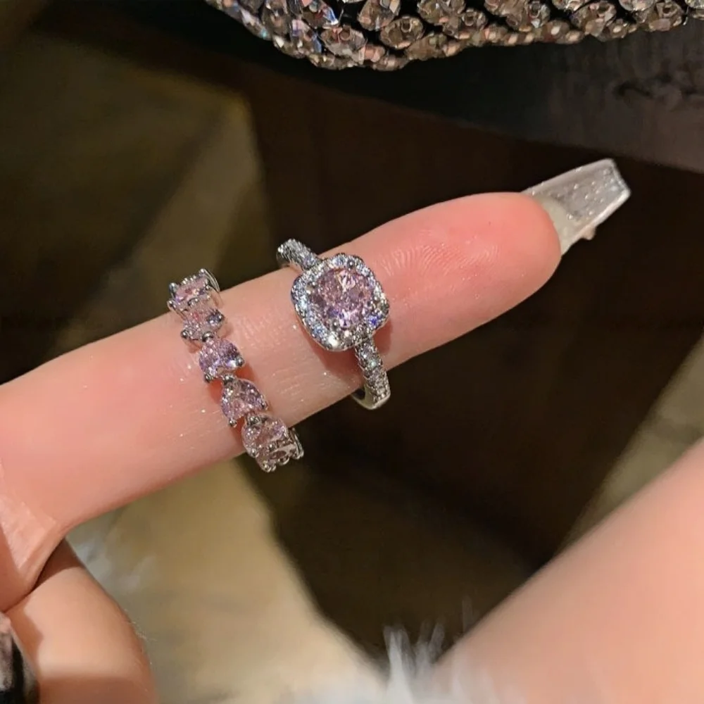 Französischer Retro-Ring mit rosa Imitationskristallen und Zirkonia, silberfarbenes Herz, verstellbarer Damenring, trendiger Schmuck, Accessoires – Detail 4