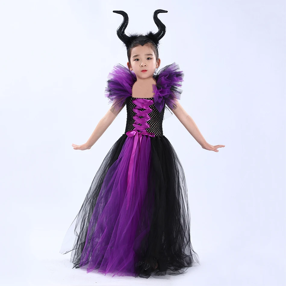 Schwarzes und Lila Hexenkostüm für Mädchen, Langes Tüllkleid mit Rüschen, Schulterfreies Maleficent-Cosplay-Outfit für Kinder zu Halloween und Karneval – Detail 2