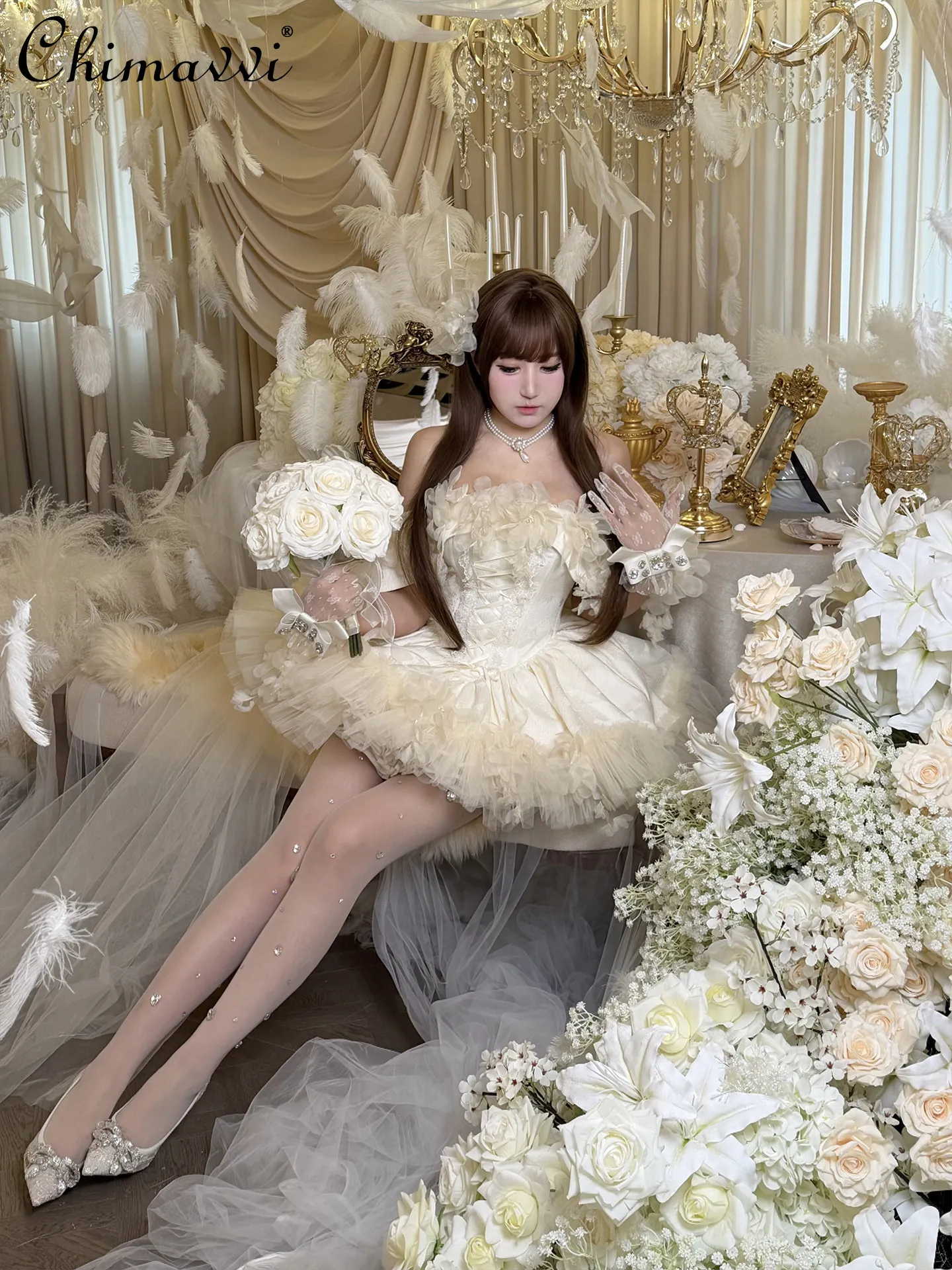 

Super Fairy Apricot Birthday Adult Ceremony Evening Dress Sweet Girl Mesh Tail High Waist Puffy Tube Top Elegant Wedding Dress