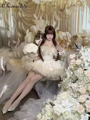 Super Fairy Apricot Birthday Adult Ceremony Evening Dress Sweet Girl Mesh Tail High Waist Puffy Tube Top Elegant Wedding Dress