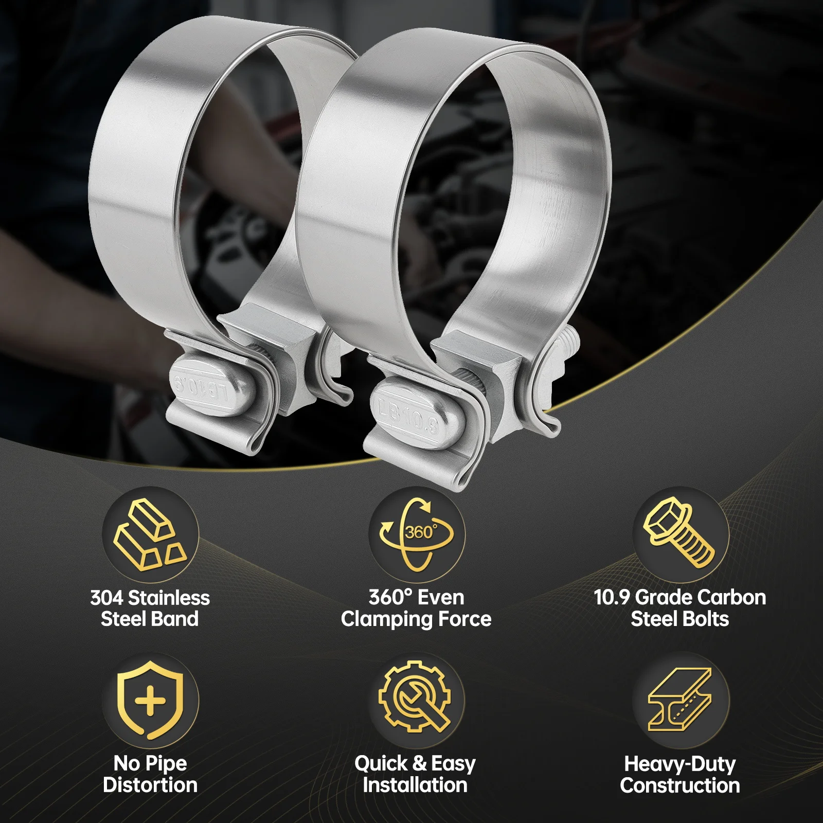

2pcs 3 inch Exhaust Band Clamps 10.9 Grade Bolt Narrow 360 Degree Sealing Distribution 304 Stainless Steel Muffler Pipe Couplers