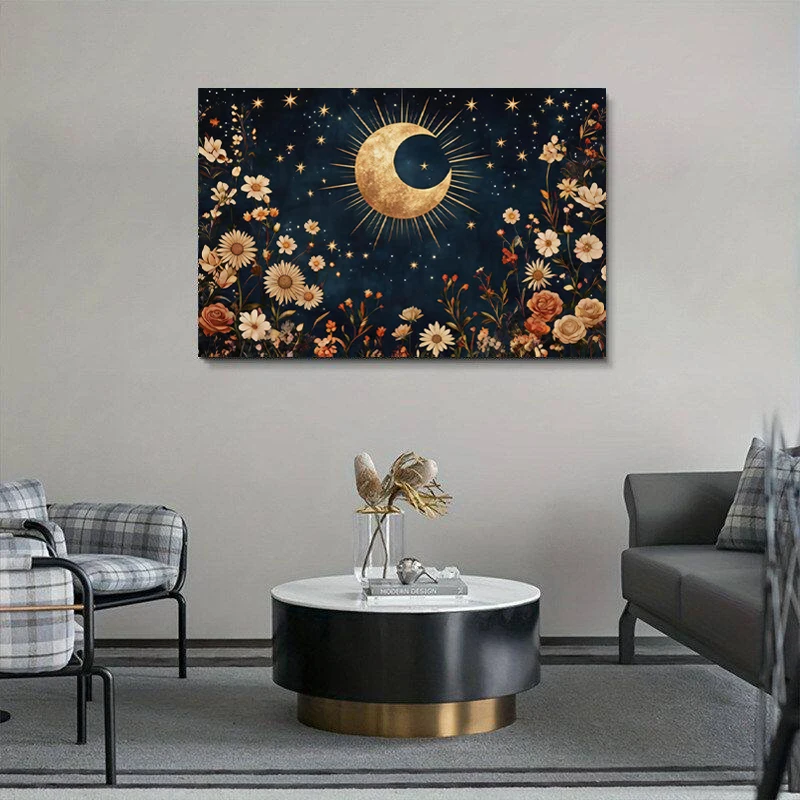 

Vintage Boho Celestial Flower Canvas Poster Sun Moon Night Sky Retro Floral Art Painting Bohemian Living Room Bedroom Wall Decor