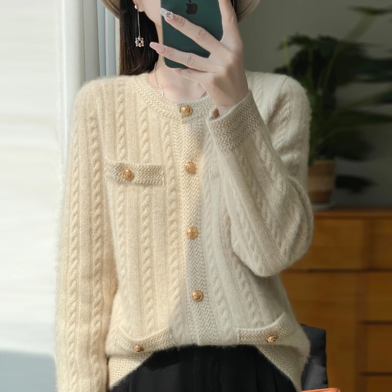 4 pockets Winter new 100% Merino wool cardigan Cashmere sweater Women's o neck cardigan warm bottom knit shirt top