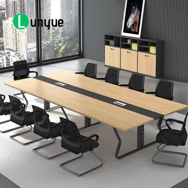 Modern Solid Wood Conference Table Set with Chairs Long Strip Meeting Desk for 6 8 10 People Office Boardroom Furniture