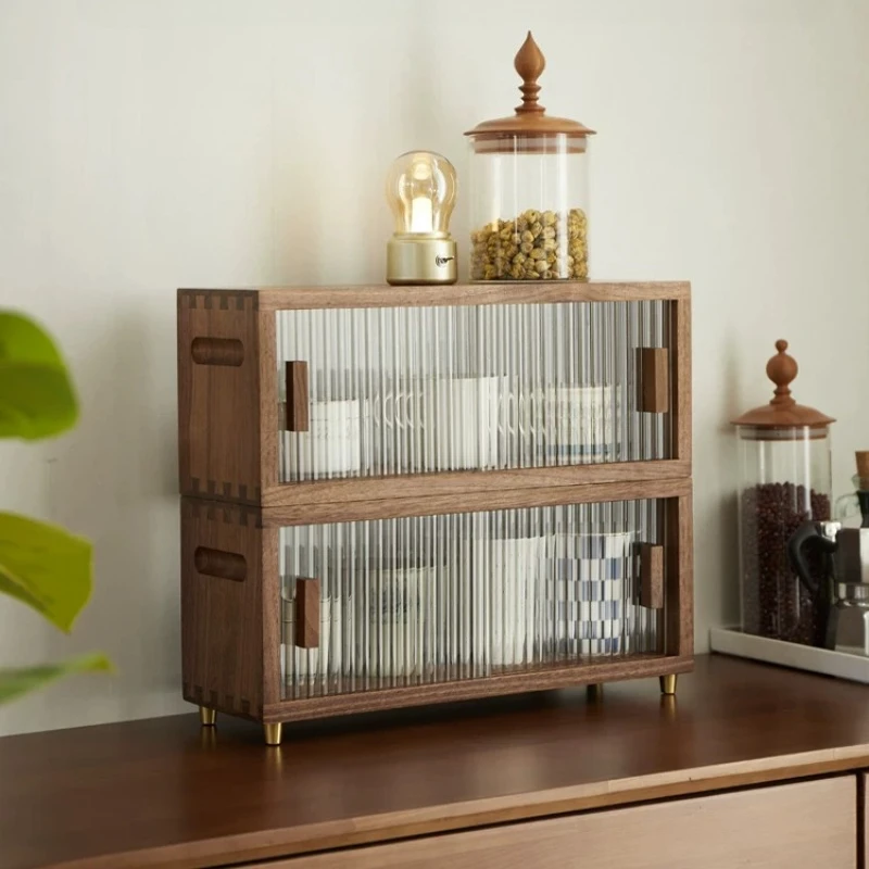 Black Walnut 2 Layers Storage Box Dustproof Tea Set Organizer with Door Coffee Cup Display Cabinet Minimalist Home Decor Cabinet