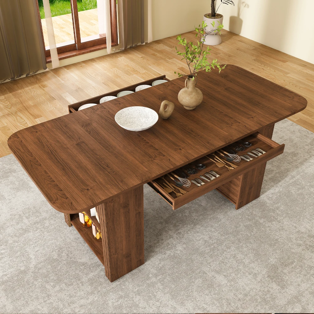 78 Inch Dining Table for 6, Farmhouse Kitchen Table with Storage Base, Rectangular Wood Dining Room Table in Walnut Veneer, Modern Rustic