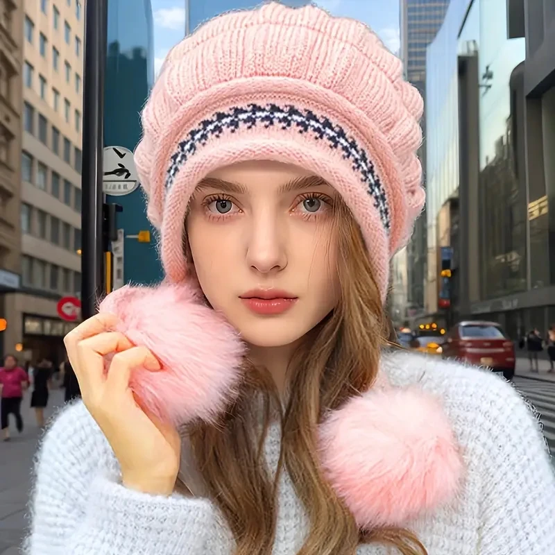 Winter Knit Hat Without Gloves Set with Ear Flaps - Cozy Fleece-Lined, Thickened Warmth for Outdoor Cycling