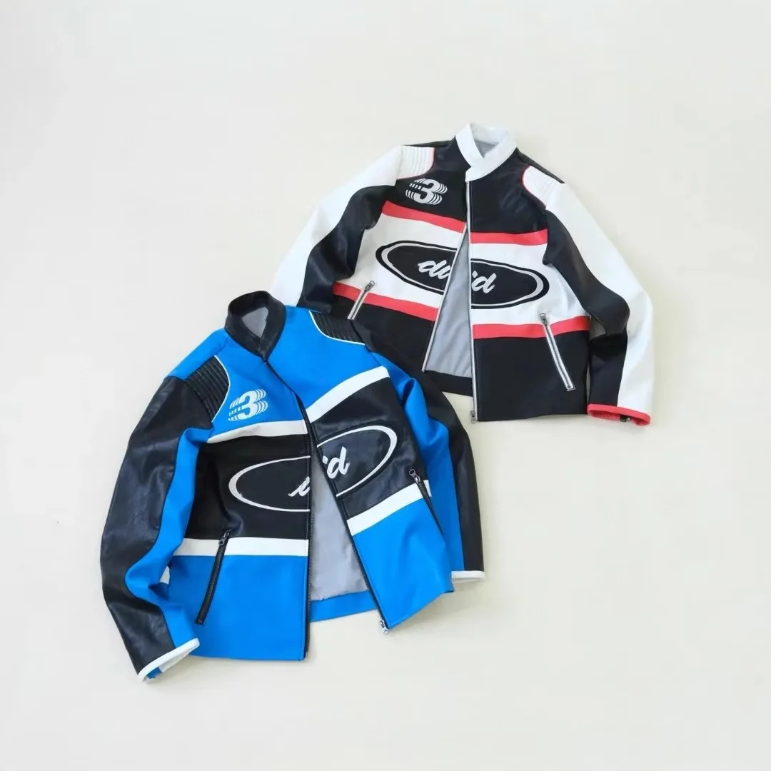 

Heavy Embroidery Racing Jaet Men's Leather Vest Jaet Color Blo High Street Sle Spring Autumn Casual Long Sve Coat