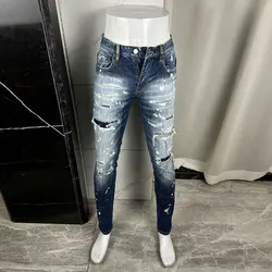 Street Fashion Männer Jeans Retro Blau Stretch Slim Fit Gemalt Zerrissene Jeans Männer Gepatcht Designer Marke Vintage Denim Hosen Hombre