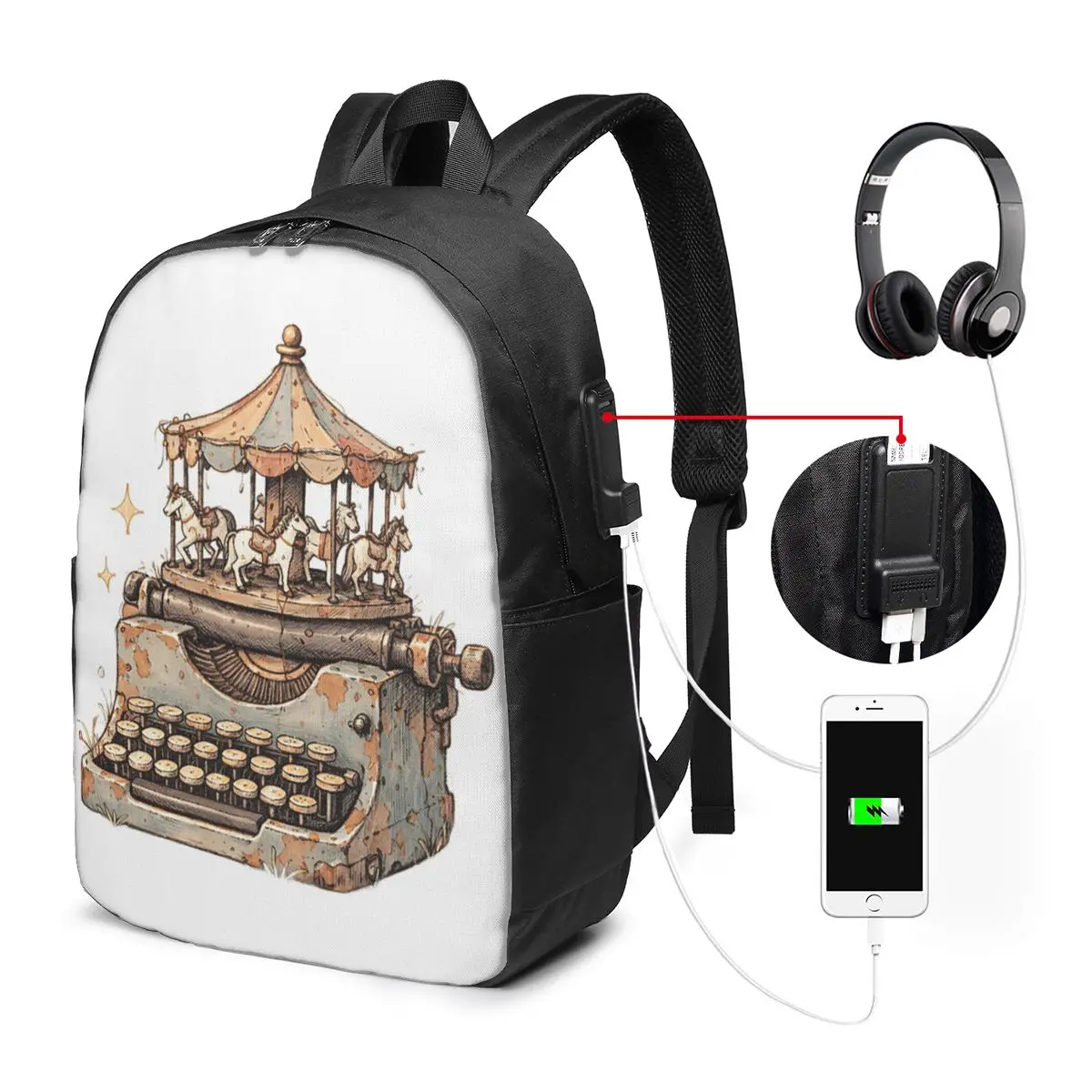Vintage Typewriter Design Backpack Travel Notebook Bag Computer College Student School Bag Laptop Shoulder Bags for Men Women