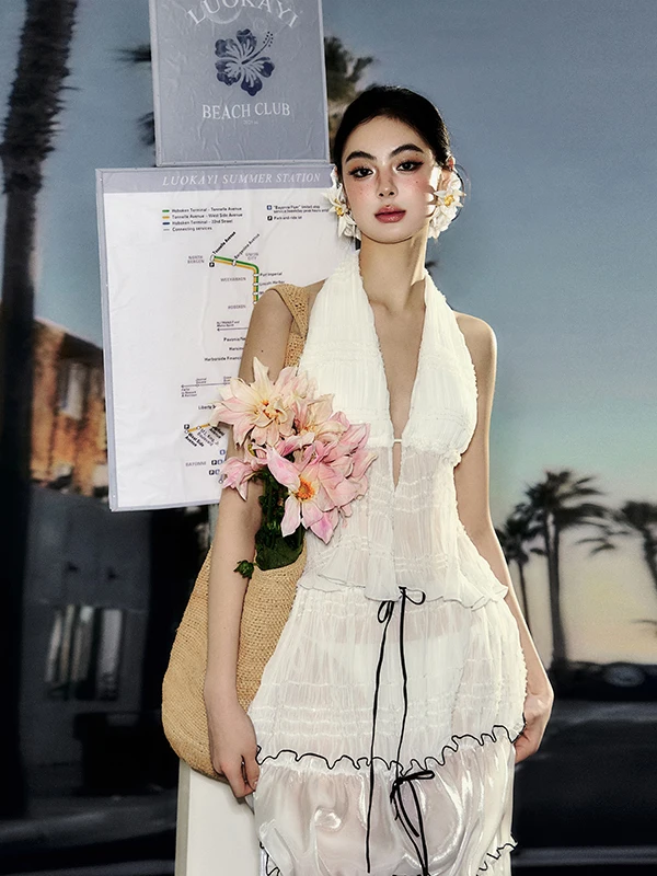 

Loka Art 2025 New Vintage Sexy Beach Vacation Beachwear Women's Mesh Long Skirt Bikini Backless Strapless Swimsuit V-neck
