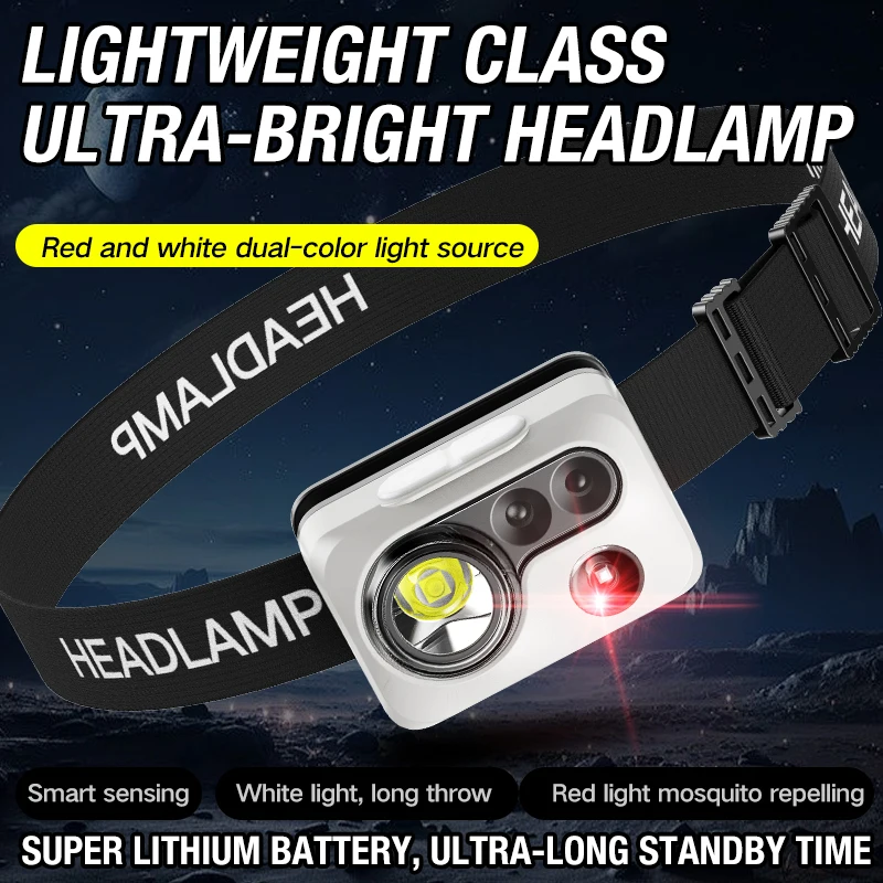 

Outdoor camping, hiking, patrolling, cycling, headlight, red flashing warning light, sensing lightweight ultra bright headlight