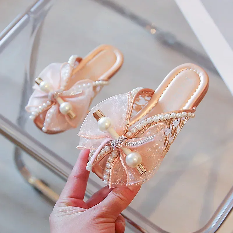 Pink Mesh Bow Pearl Open Toe All-match Slippers for Skirt 2022 Children\'s Fashion Sweet Princess Flat Casual Sandals for Girls