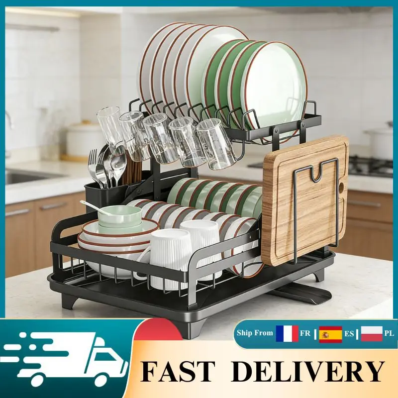 Égouttoir à vaisselle pliable 2 niveaux avec porte-couverts et porte-tasses, support de rangement pour assiettes et bols, organisateur de cuisine pour comptoir