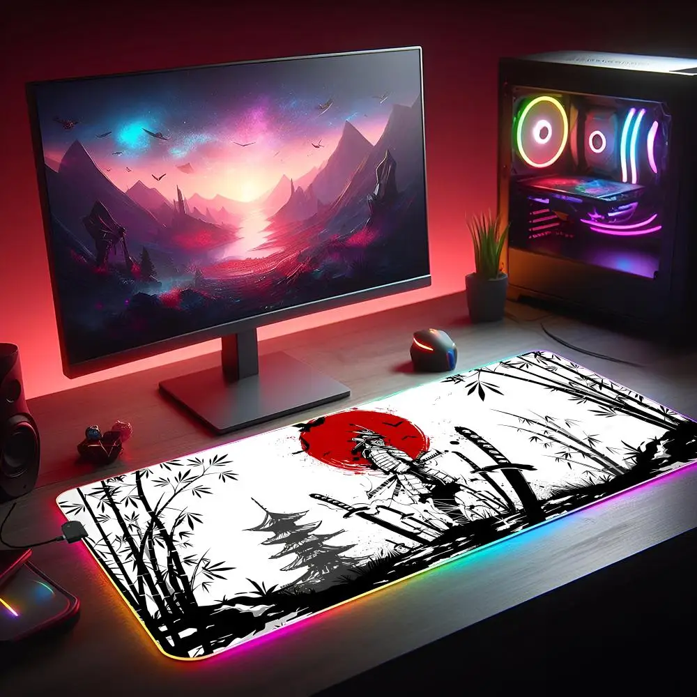 RGB Mouse pad Japanese samurai pattern gaming mat rubber anti-slip Desk Mat LED glow Gaming keypad mousepad gamer pc accessories