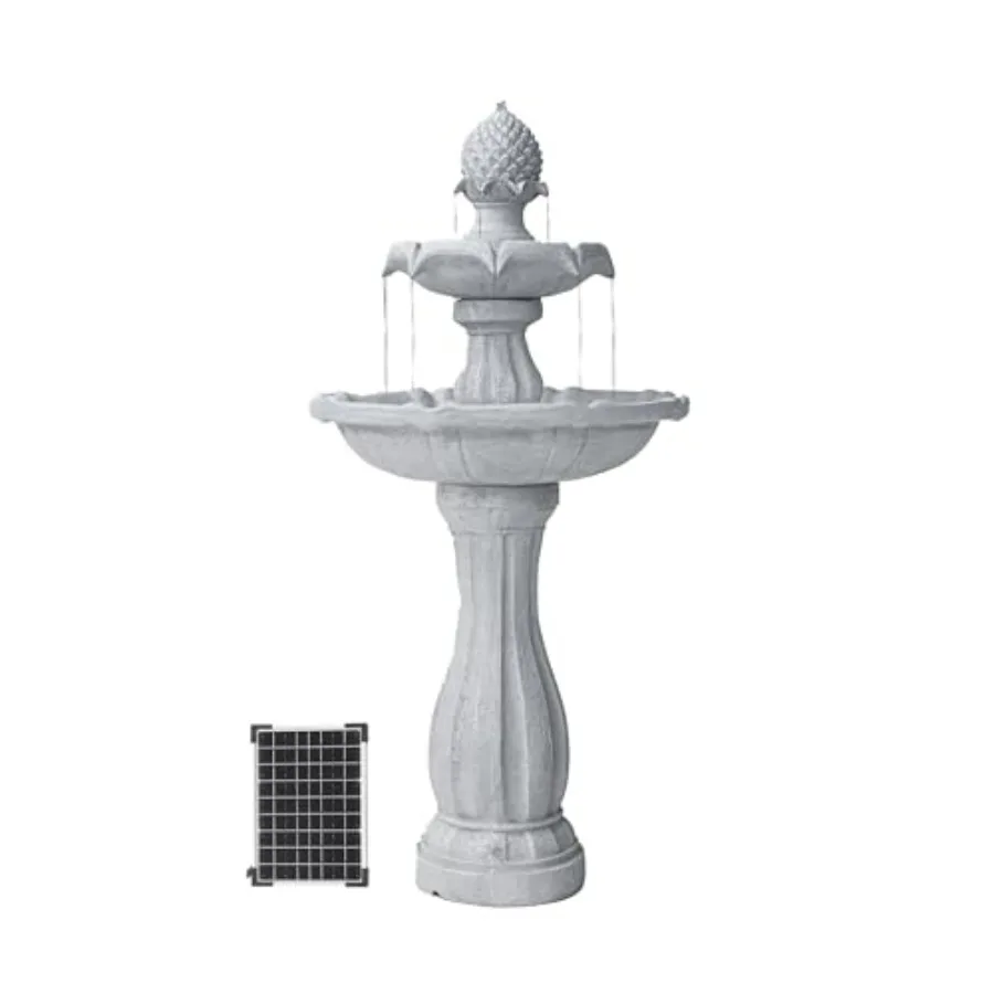 44 Tall White Fiberglass Resin 2-Tiered Solar Water Fountain with Solar Panel and Auto-Shut Off Pump for Home Garden Yard Decor