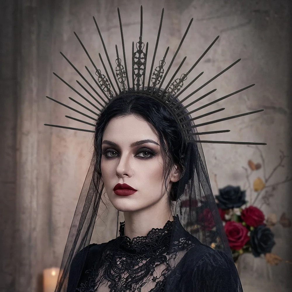Gothic Sunburst Halo Headpiece With Veil Cosplay Dark Bride Queen Crown Headwear Vintage Halloween Carnival Party Costume Props
