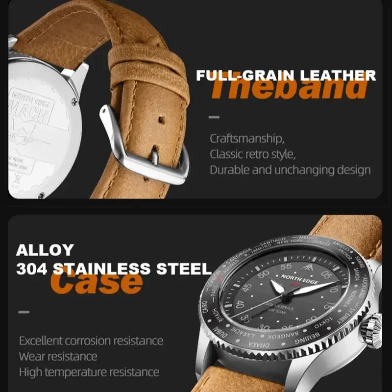 Zegarek kwarcowy NORTH EDGE zasilany energią słoneczną, męski, wodoszczelny 50M, męski zegarek sportowy pilot, świecący, ekologiczny zegarek, nowość 2026