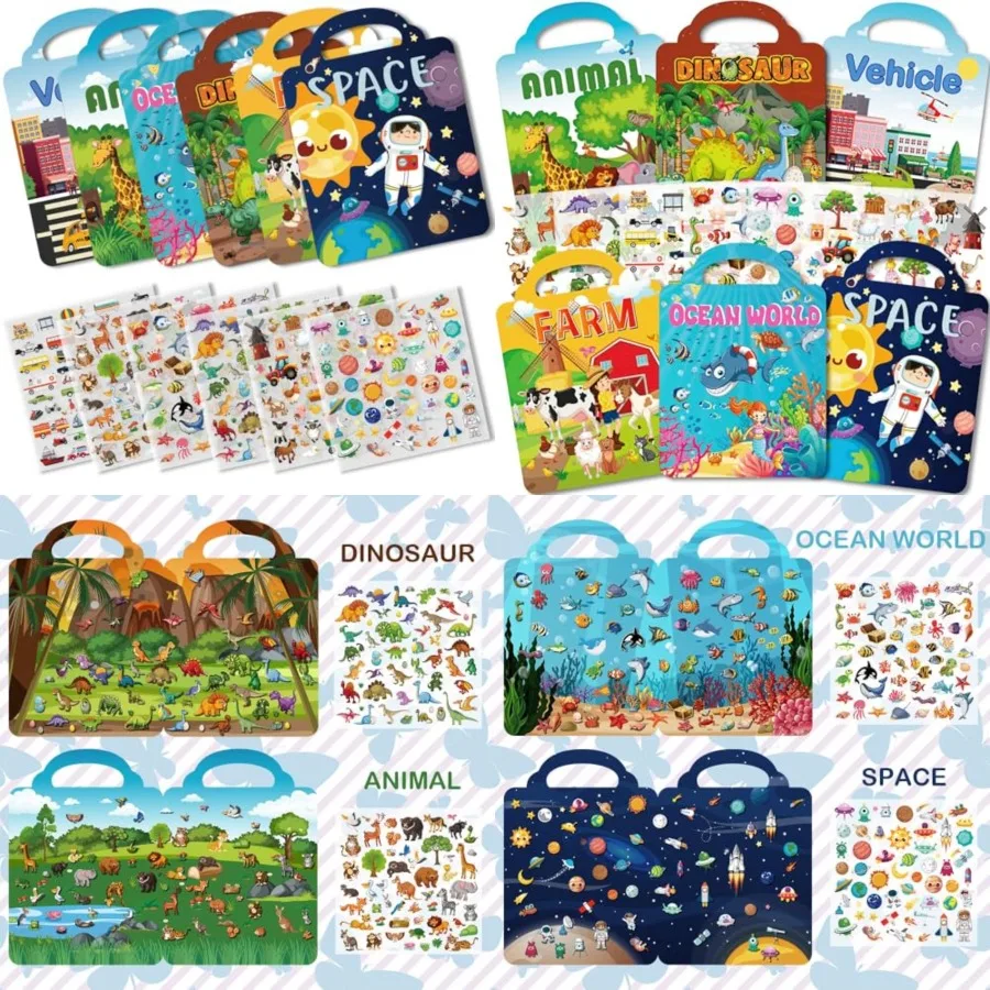 

Interactive Reusable Sticker Book for Toddlers 2-4 Years Old with 6 Themed Sets Including Farm Animal Dinosaur Sea World Space