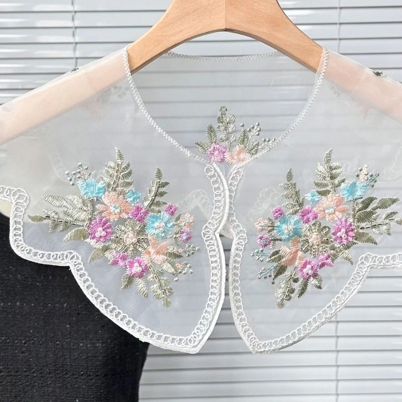 Women's Small Capelet False Collar with Embroidery Colorful Flower Beaded Organza Shawl Scarf for Collarless Clothing