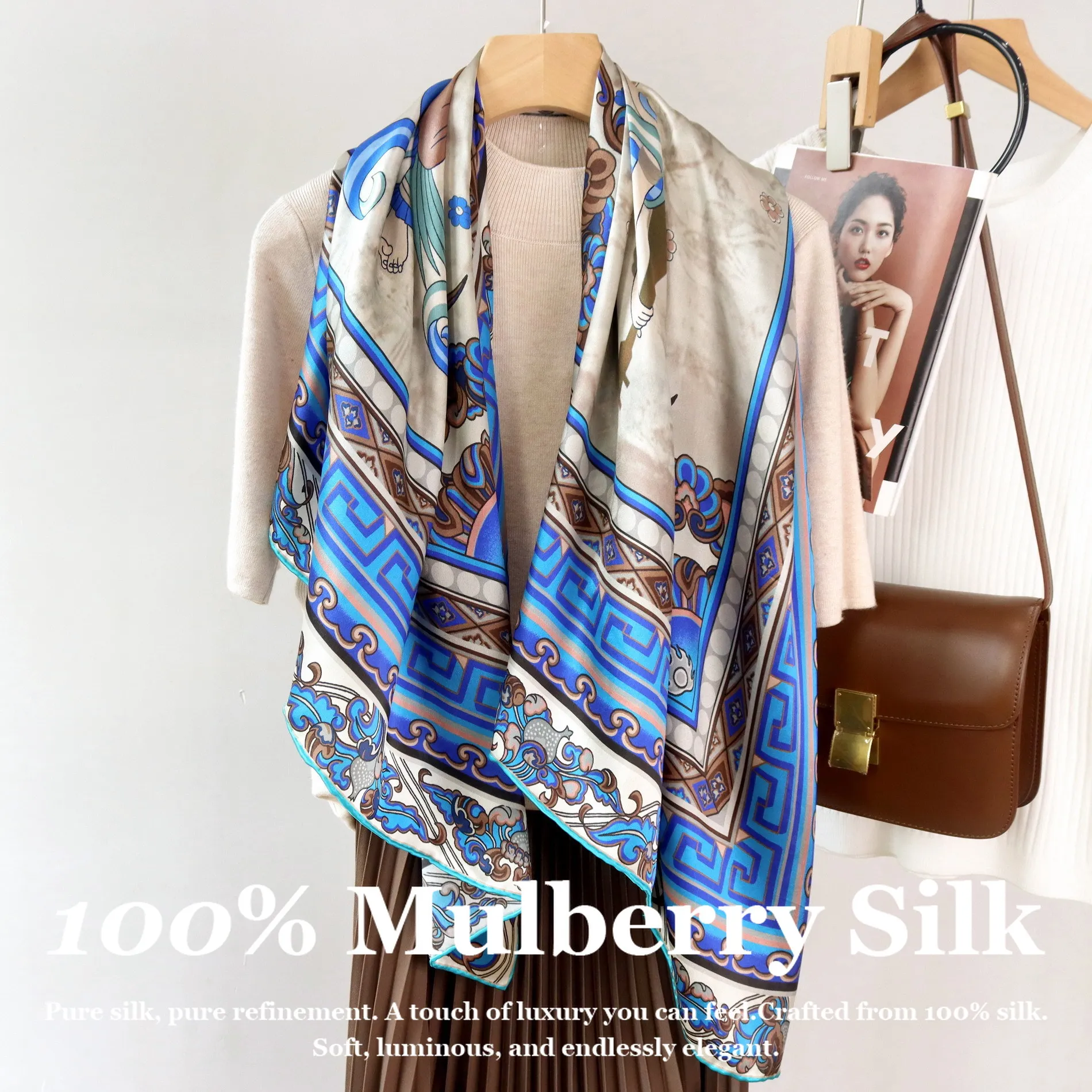 

110x110cm Hand Rolled Real Silk Scarf 100% Mulberry Silk Luxury Floral Print Large Square Shawl Hijab 2026 New Hijab Mother Day