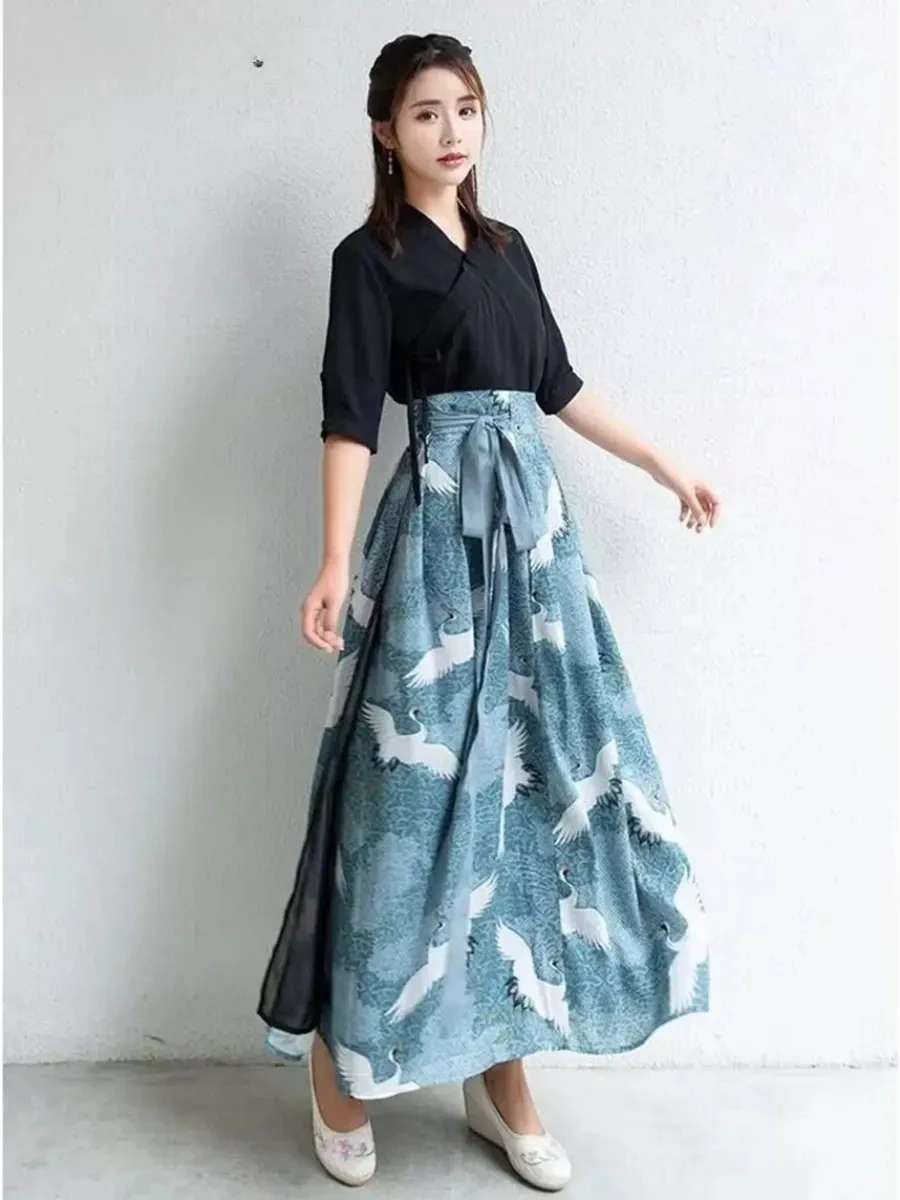 

Retro Japanese Style Crane Print Dress Vintage Hanfu Long Kimono Girls Skirt Top Kawaii Party Ancient Oriental Women Cosplay New