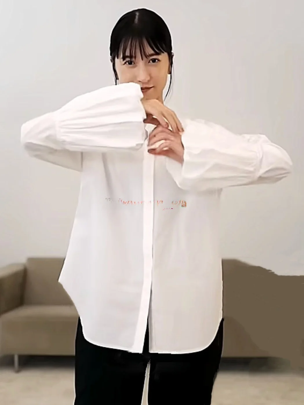 

C1ane Cotton Bubble Sleeve Accordion Pleat Shirt round Neck Long Sleeve Loose Fit Pure Color Commute Style Women's Shirt