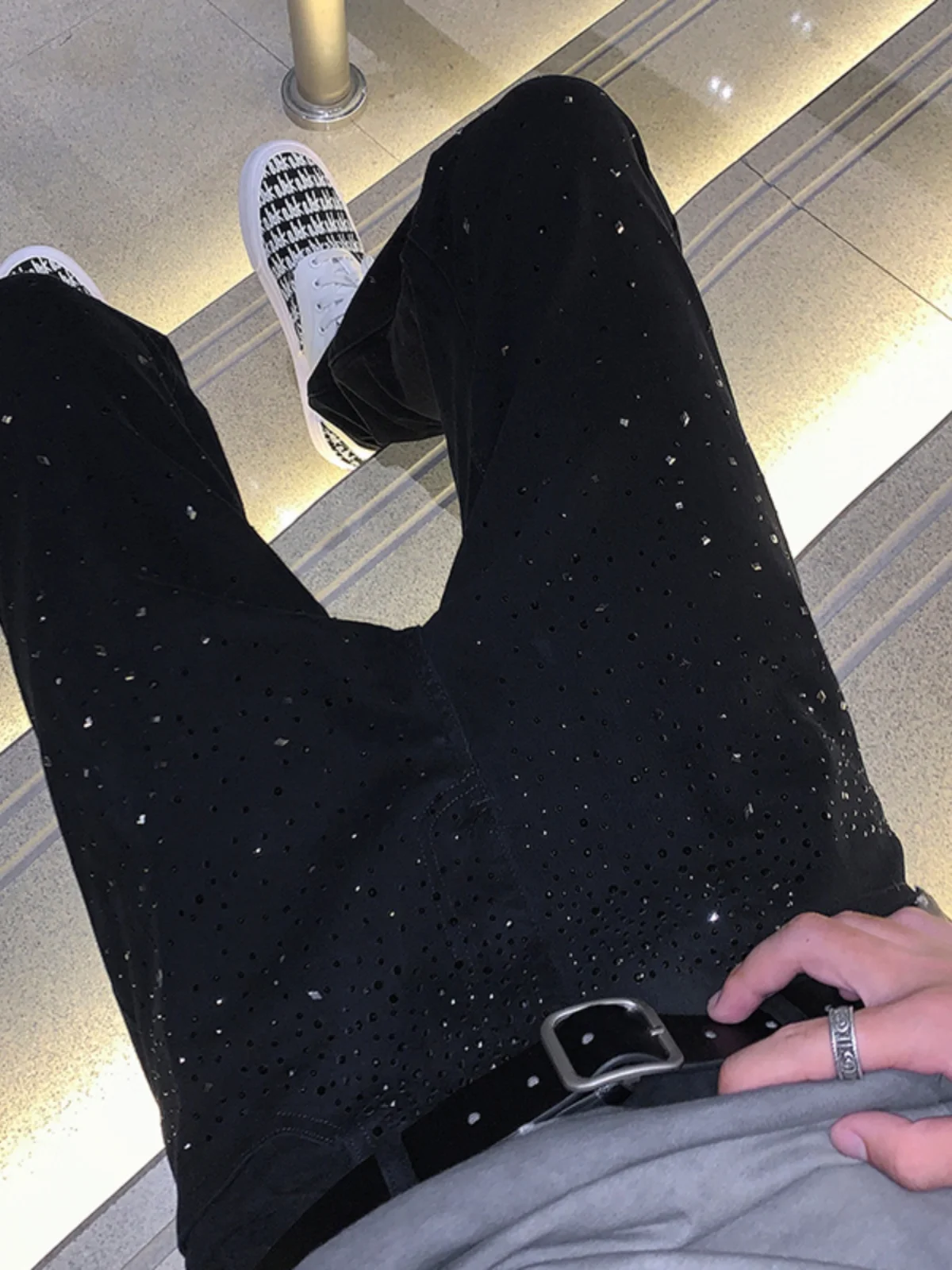 Summer New Black Men's Slim Fit Jeans Fashion Trend Starry Heavy Ironwork Rhinestone Thin Straight Long Pants