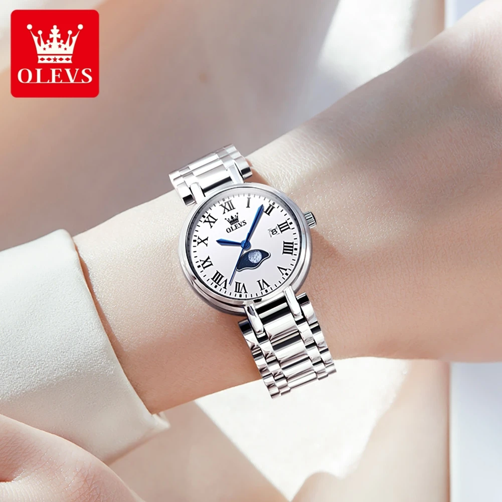 OLEVS 5573 Women Watches Roman Diamond Dial Moon Phase Solid Stainless steel Strap Wristwatches