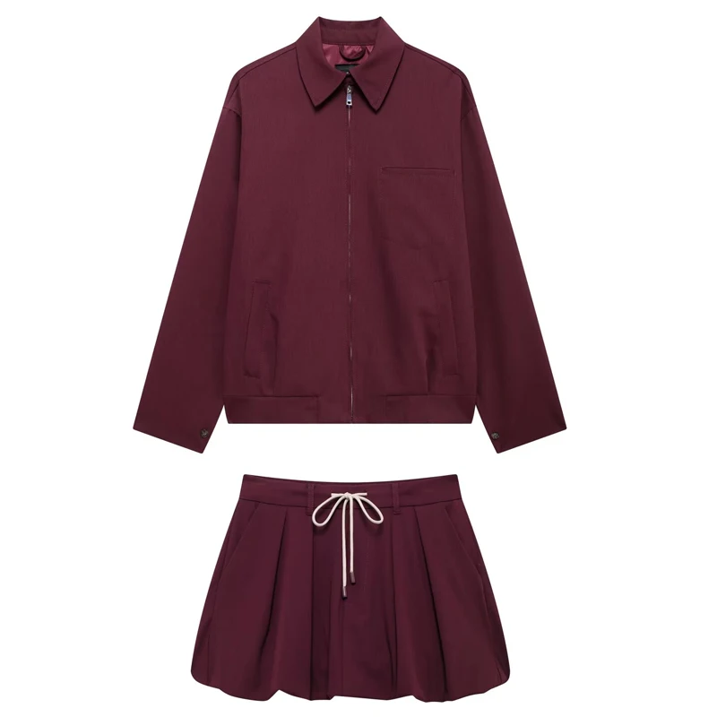 HXAO Women 2024 Burgundy Skirt Set Autumn Long Sleeve Jacket Set Women\'s Suits Mini Bow Lantern Skirt Sets Korean Style Outfits