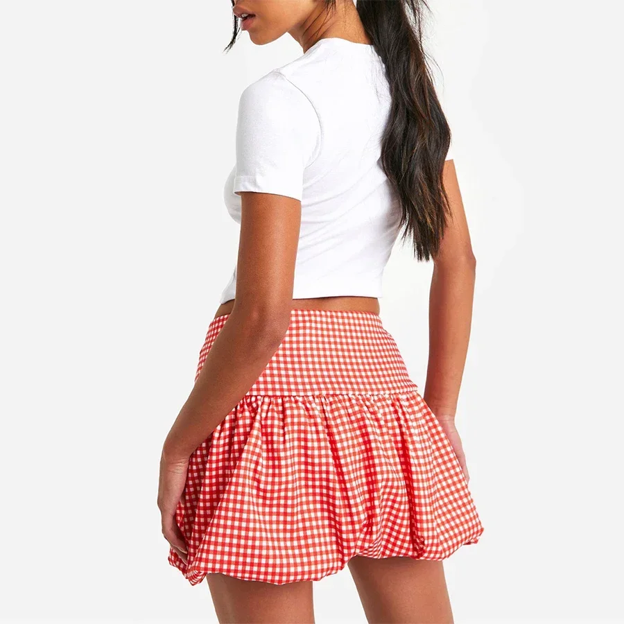 Women Bubble Mini Skirt High Waist Ruffle Flare Balloon Short Skirts Puffy Layered Pleated Skirt Y2k Gingham Skirts Streetwear