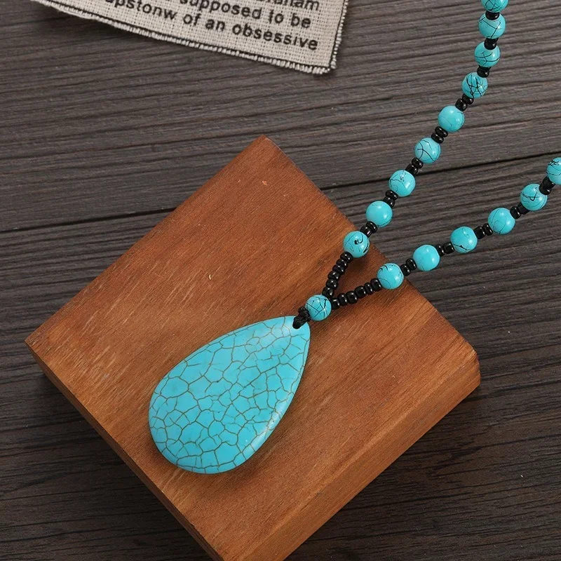 Natural Orchid Turquoise Brushed Glass Bead Necklace Retro Turquoise Water Drop Pendant Ethnic Jewelry Women\'s Necklace