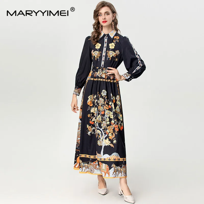 

MARYYIMEI Autumn Women's Dress Turn-Down Collar Long-Sleeved Single-Breasted High Waiste Vintage Print Long Dresses