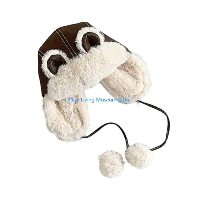 

P31C Winter Bear Ear Hat for Children PU Leather Hat Exterior Warm Plush Interior Fashionable Hat Perfect for Skiing & School