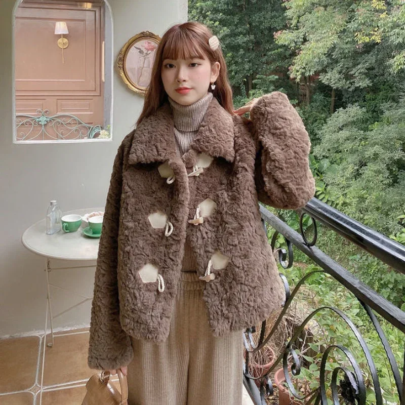 Winter White Faux Fur Coats Women Elegant Thick Warm Soft Furry Jacket Female Korean Style Horn Button Outwear Clothes New