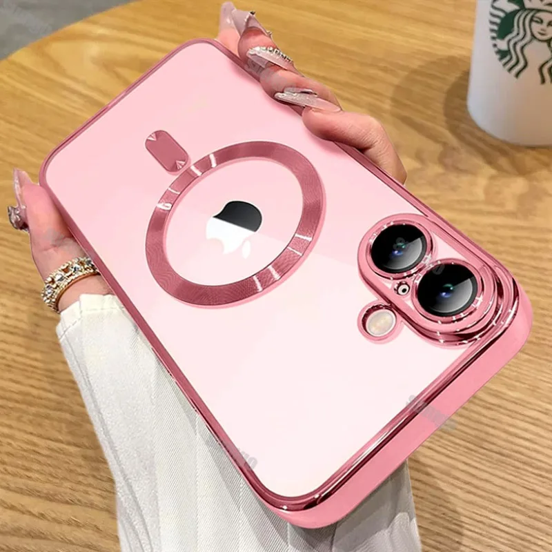 Official 16 Luxury Pink High Clear Plating Case For iPhone 16 15 14 13 12 11 Pro Max 16 Plus Magsafe Magnetic Lens Protect Cover