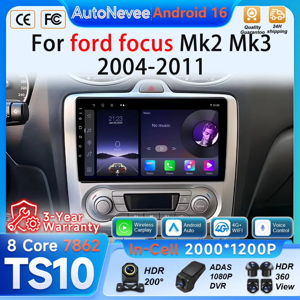 Rádio Automotivo Android 16 para Ford Focus 2 3 Mk2 Mk3 2004 2005 - 2010 2011 Reprodutor Multimídia Carplay GPS Unidade Principal RSD Estéreo