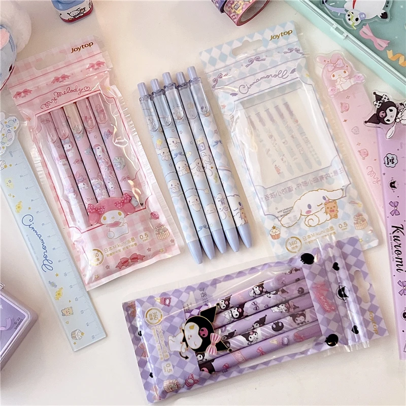 5Pcs Kawaii Kuromi My Melody Cinnamoroll Press The Gel Pen Anime Sanrioed Girl Heart Ballpoint Pen Black Pen for Signature