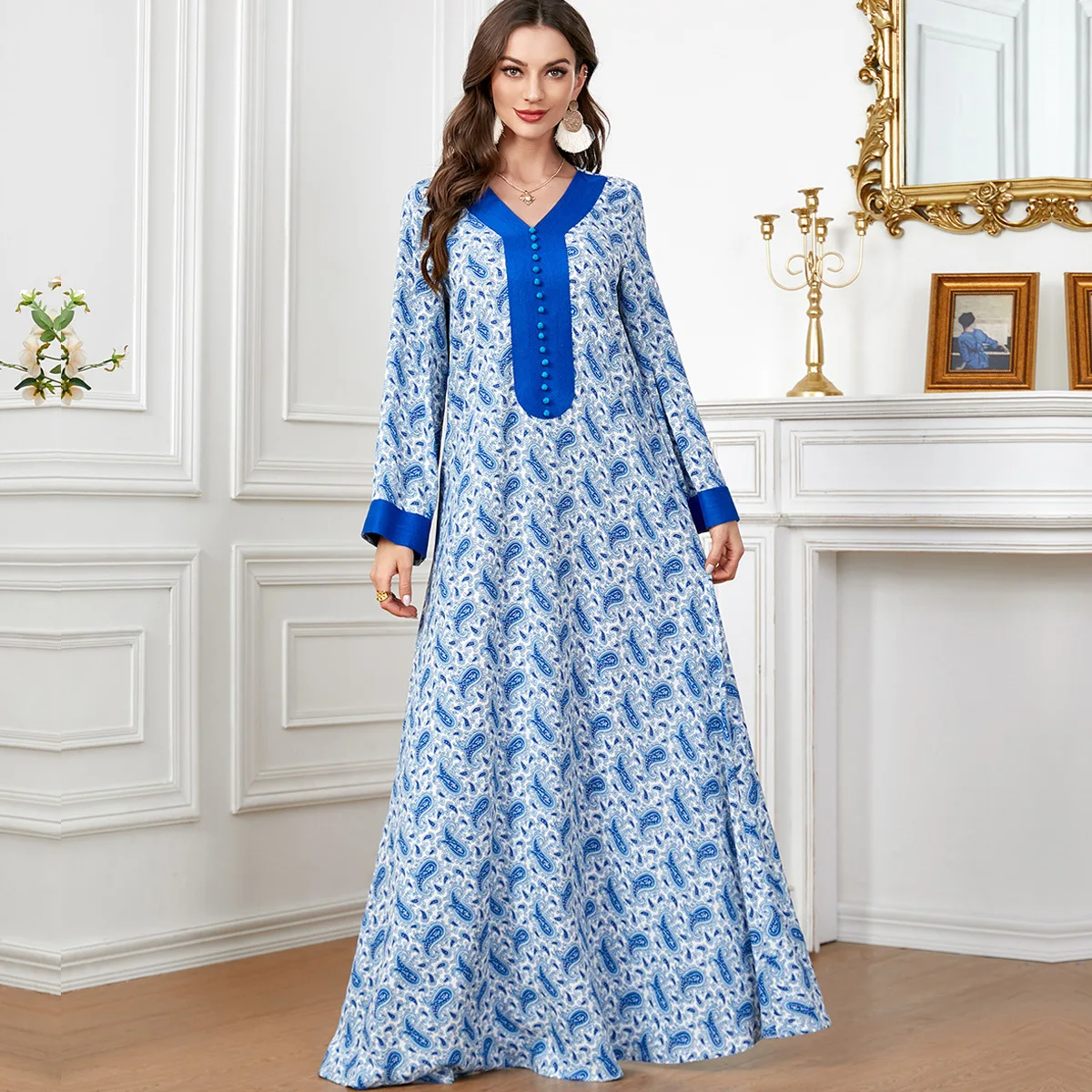 Elegant Ethnic Print Maxi Dress for Women Summer 2024 New Chic Tape Trim Button V Neck Long Sleeve Moroccan Jalabiya Dress