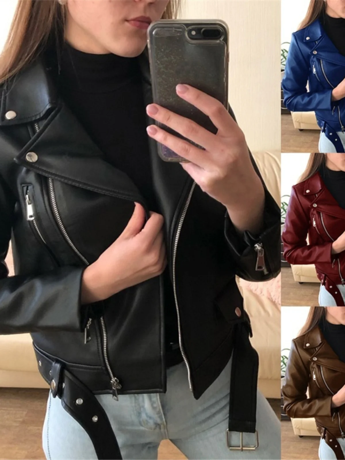 

Slim Fit ort Leather Jaet Women's Street Sle Decorated Front Zipper Long Sve Coat Other Material 00% Autumn Faion