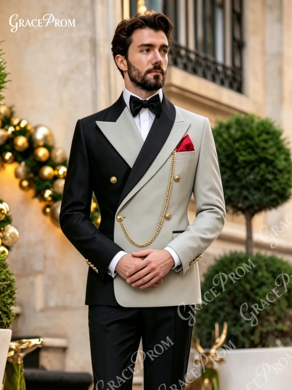 Luxury Men Green Black Color Block Tuxedo Suit 2PCS Double Breasted Gold Decor Slim Fit Wedding Groom Blazer Trousers Outfit