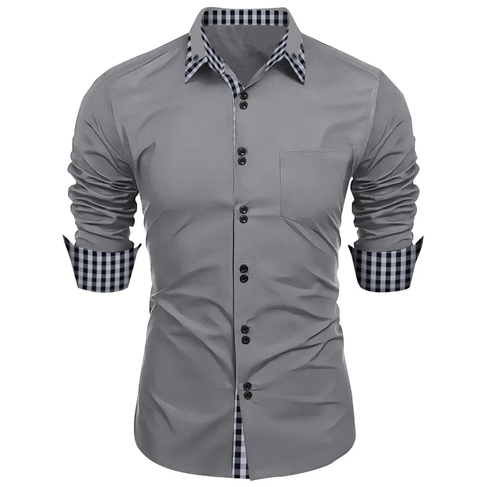 

New men's shirt - traditional long-sleeved double-breasted plain-colored loose-fitting office shirt - men's business casual top